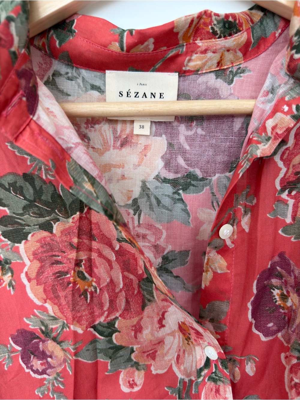 Sezane pierro Almeria print Coral Red Floral Button-Up Shirt - Picture 2 of 3